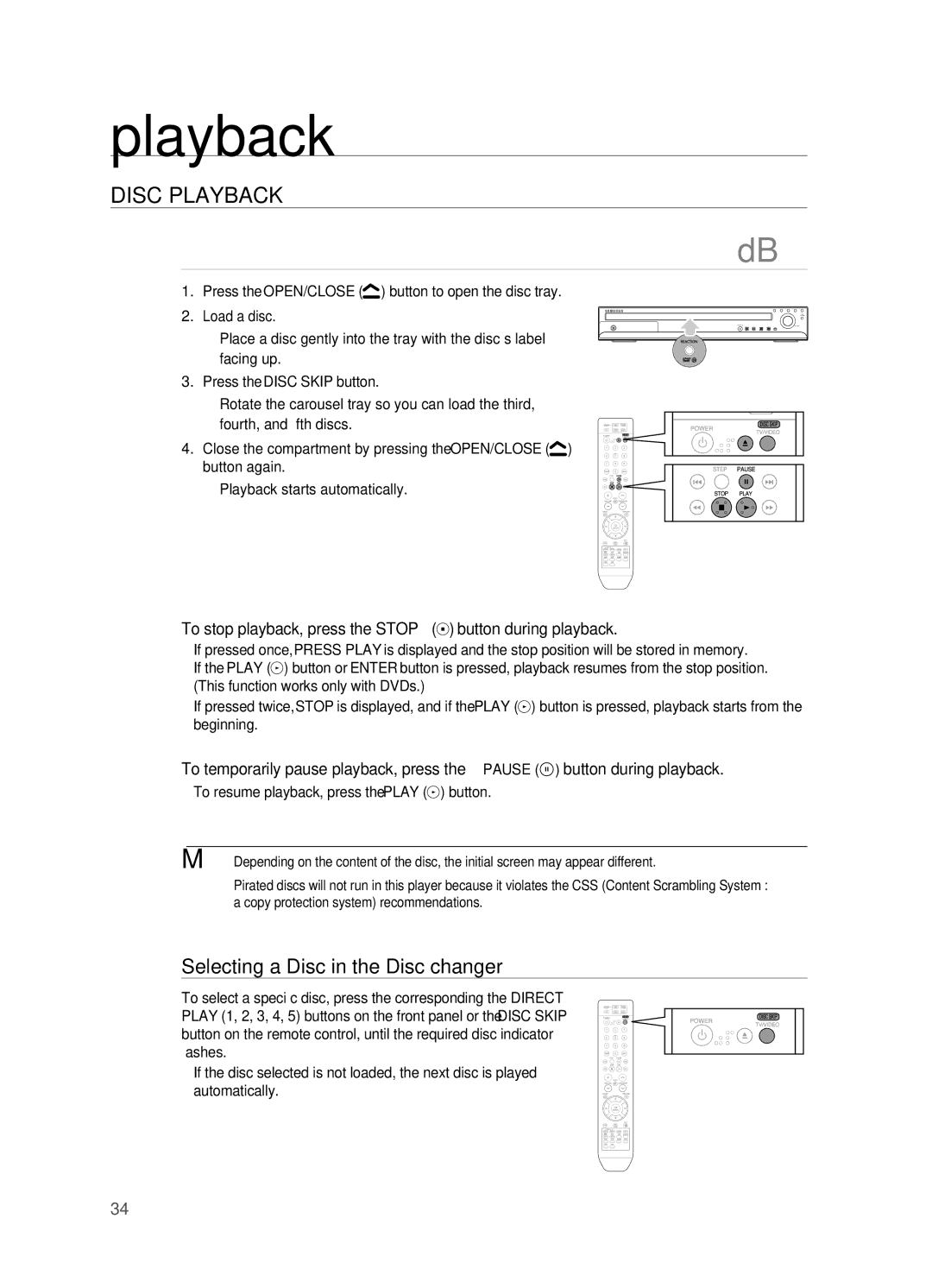 Samsung HT-TWZ415 Disc Playback, Selecting a Disc in the Disc changer, ~ To resume playback, press the Play button 