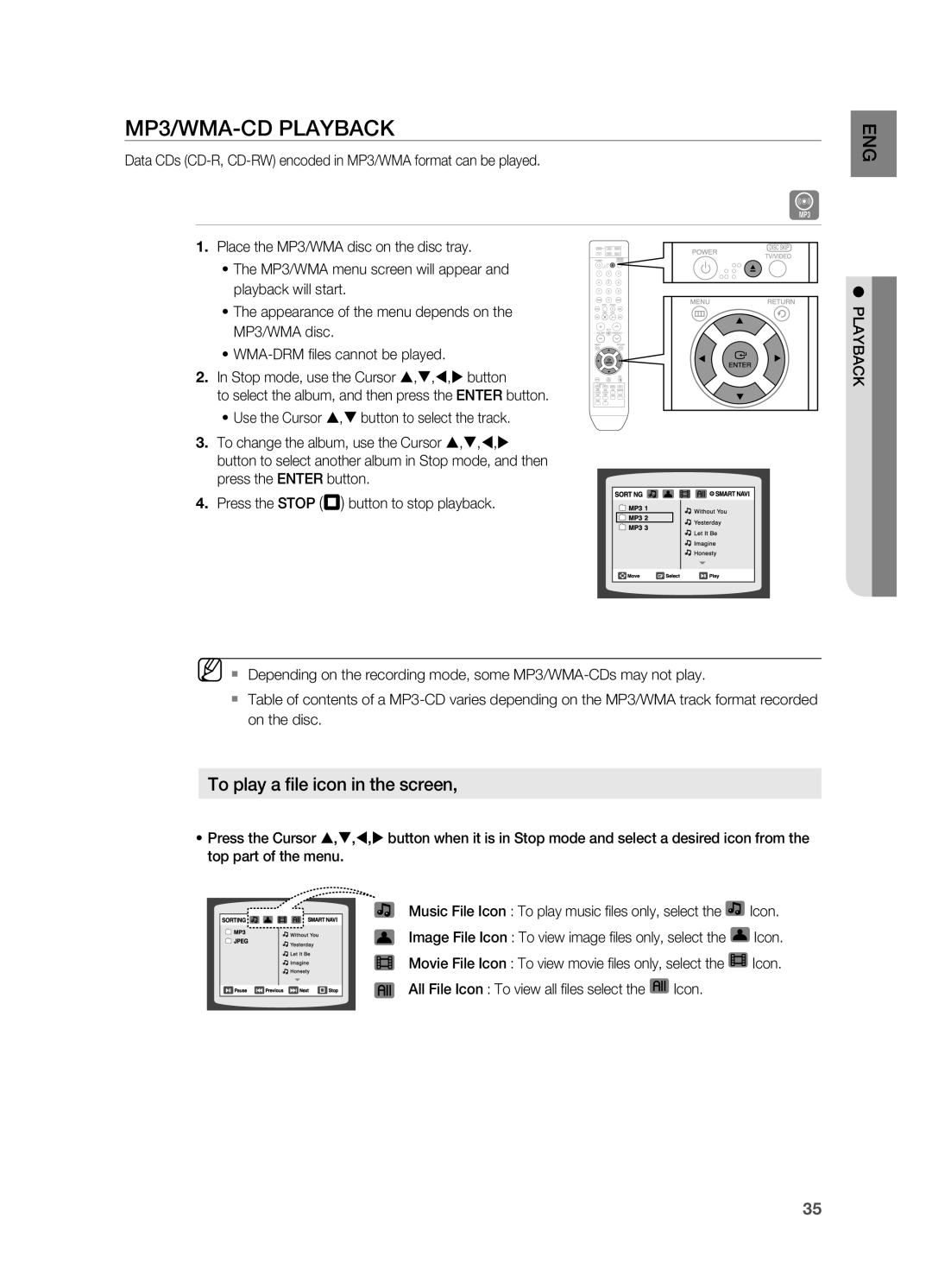 Samsung HT-TWZ415 user manual MP3/WMA-CD Playback, To play a file icon in the screen 