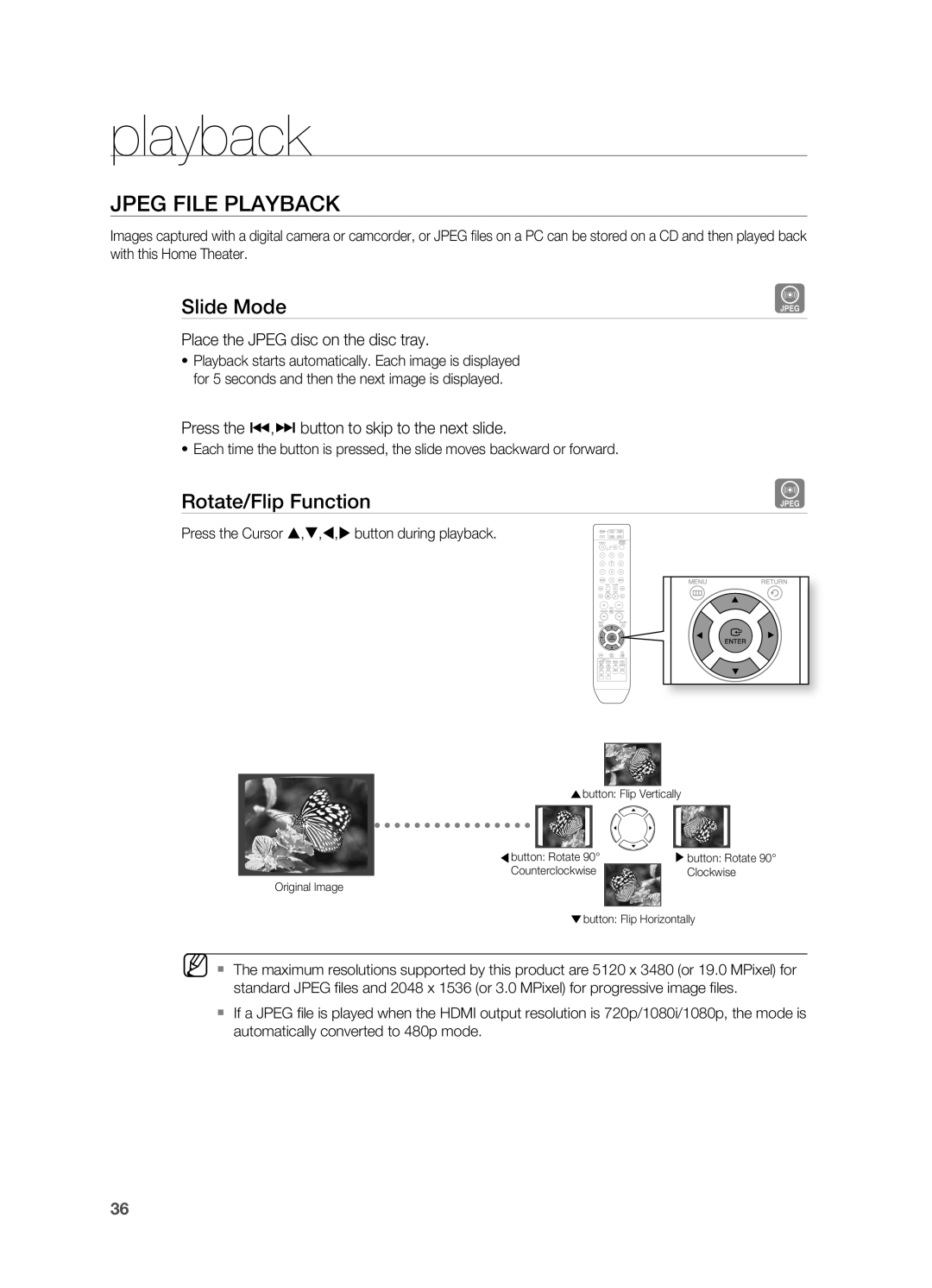 Samsung HT-TWZ415 user manual JPEg File Playback, Slide Mode, Rotate/Flip Function, Place the Jpeg disc on the disc tray 