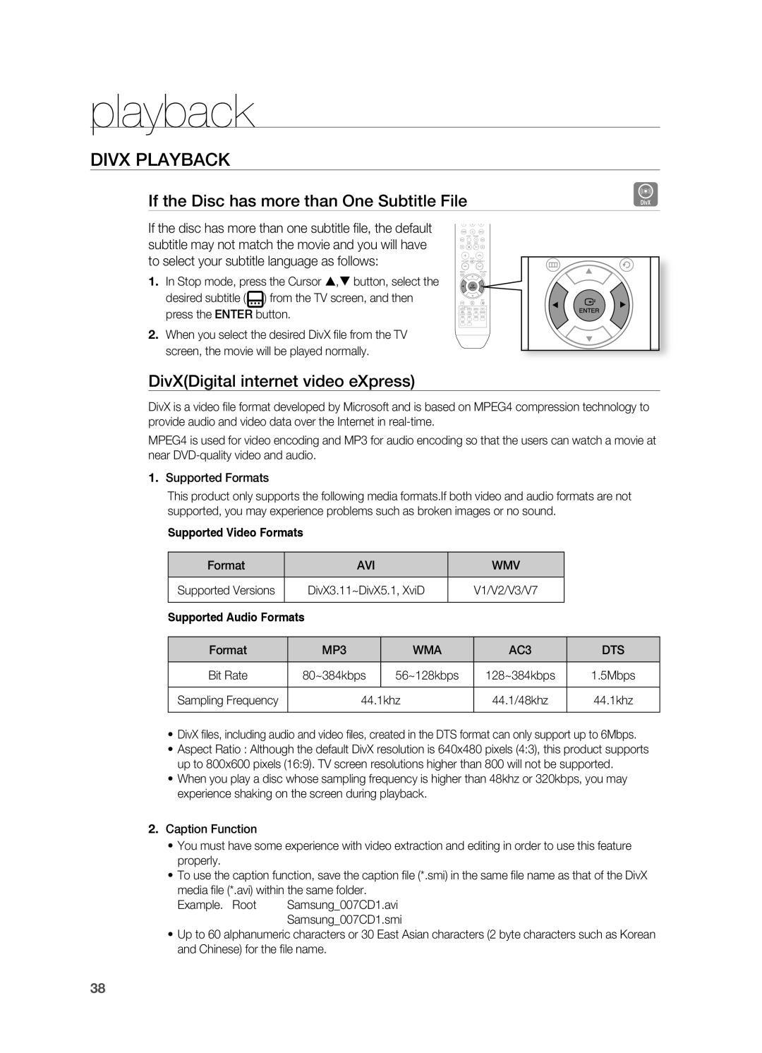 Samsung HT-TWZ415 If the Disc has more than One Subtitle File, DivXDigital internet video eXpress, Avi Wmv, Wma, Dts 