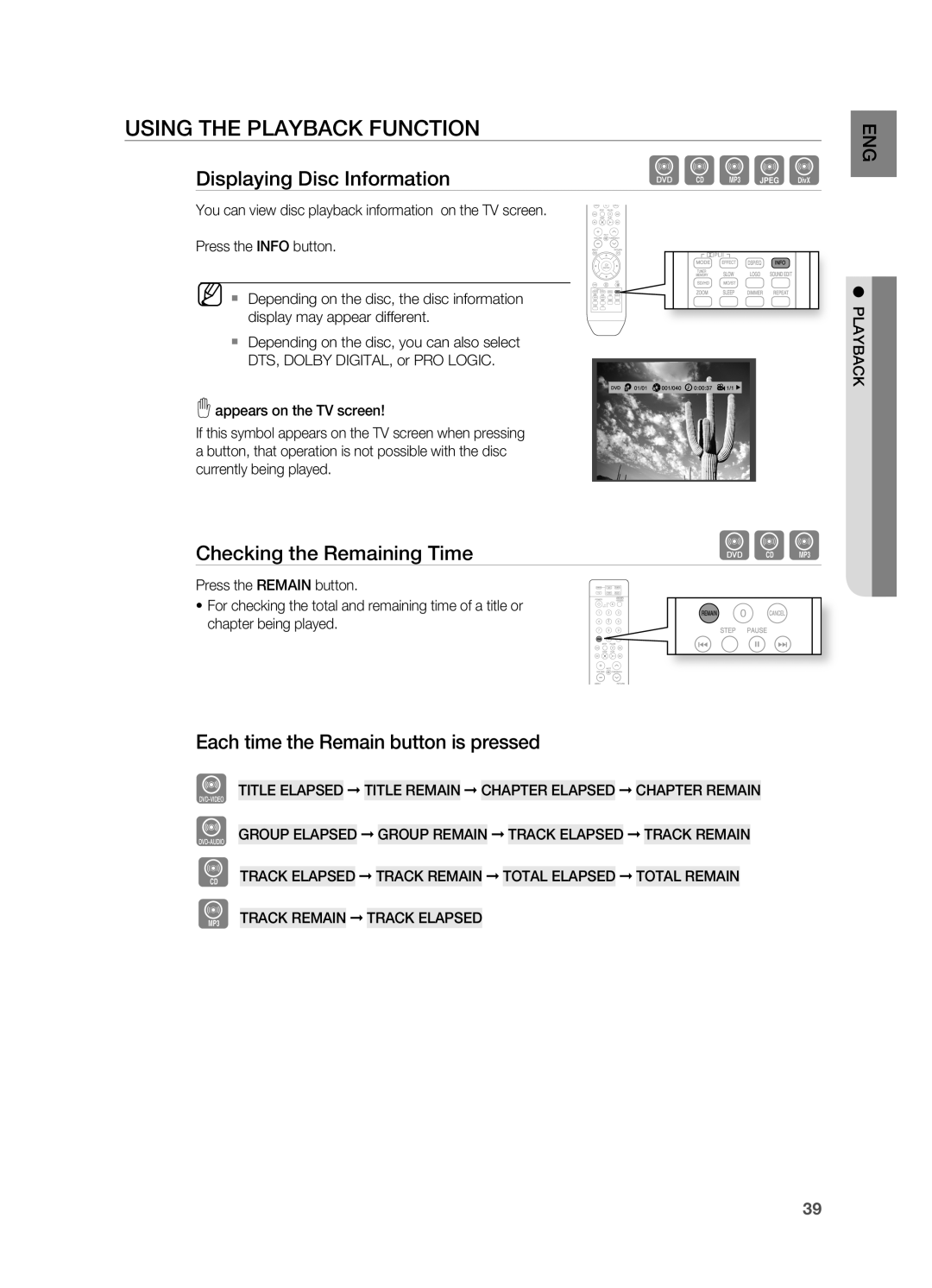 Samsung HT-TWZ415 user manual USINg the Playback Function, Displaying Disc Information, Checking the remaining Time 