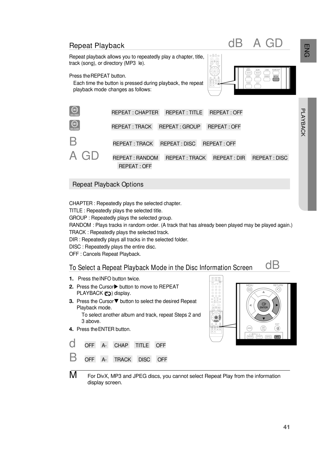 Samsung HT-TWZ415 user manual Repeat Playback Options, REPEAT CHAPTEr REPEAT Title REPEAT OFF 