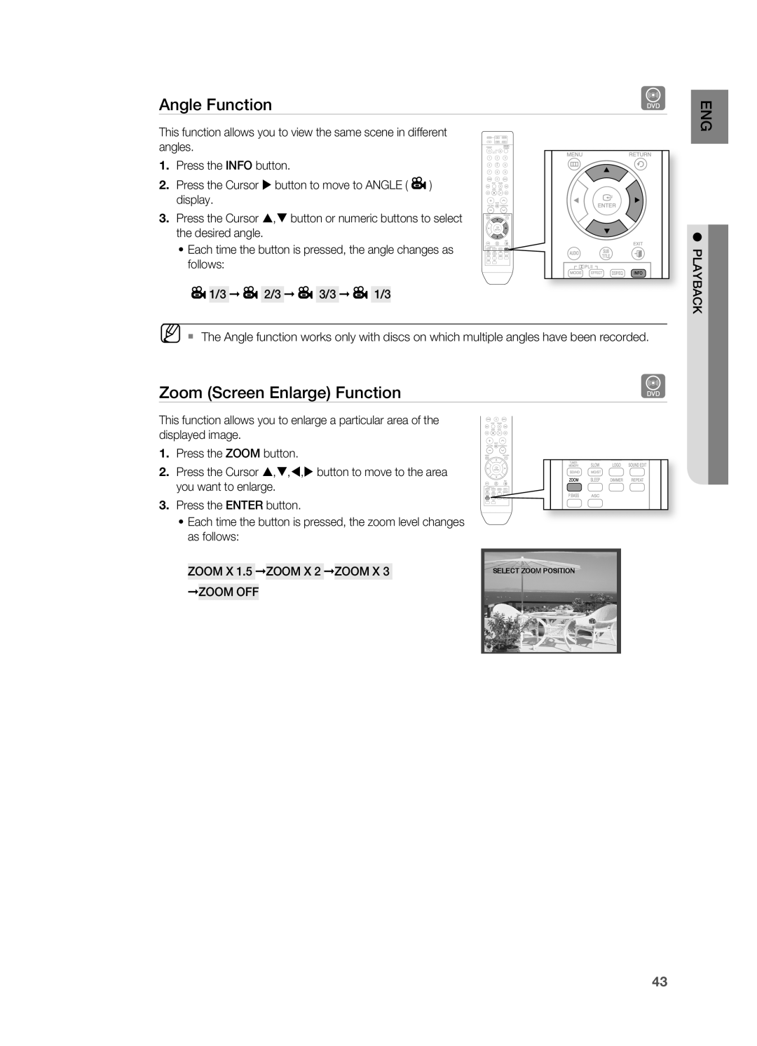 Samsung HT-TWZ415 user manual Angle Function, Zoom Screen Enlarge Function, As follows Zoom X 1.5 Zoom X 2 Zoom X, Zoom OFF 