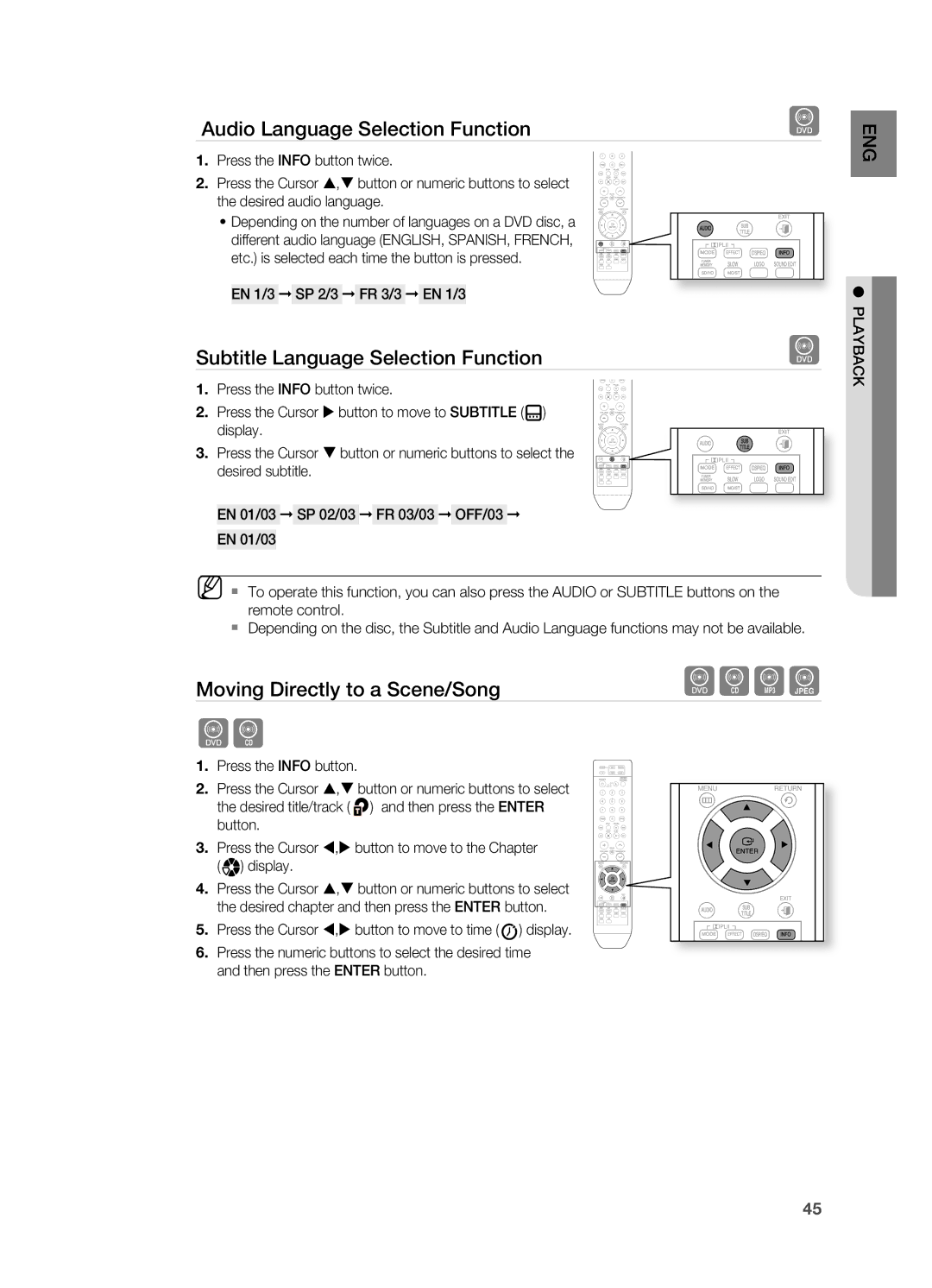 Samsung HT-TWZ415 Audio Language Selection Function, Subtitle Language Selection Function, Moving Directly to a Scene/Song 