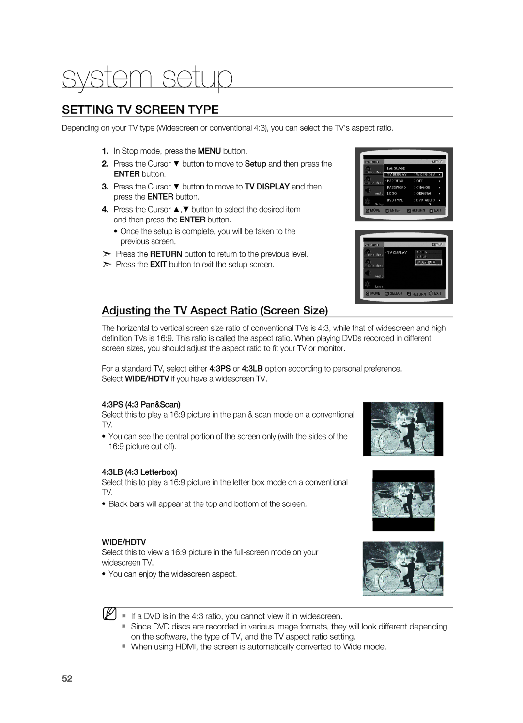 Samsung HT-TWZ415 user manual Setting TV Screen Type, Adjusting the TV Aspect Ratio Screen Size, Wide/Hdtv 