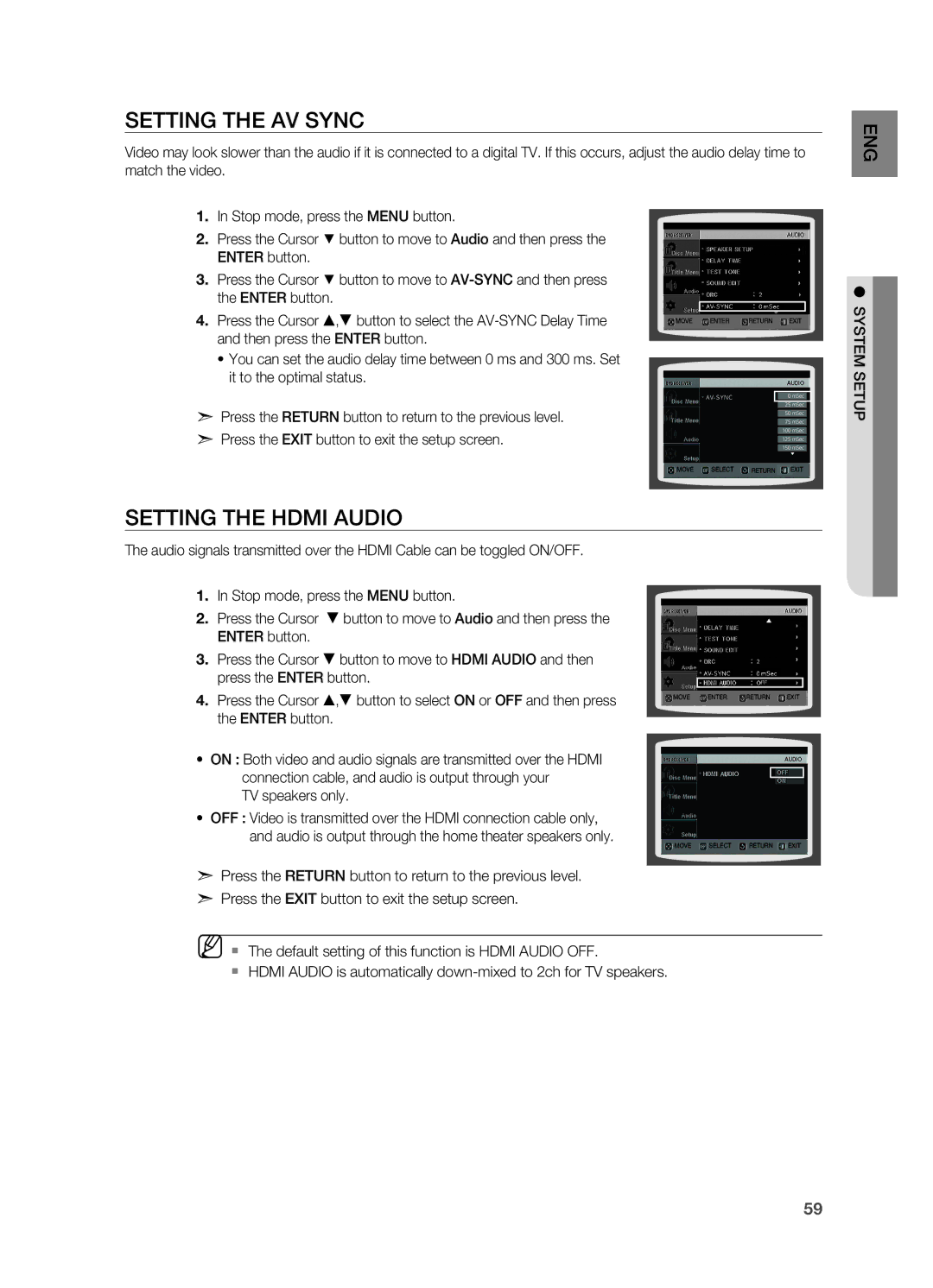 Samsung HT-TWZ415 user manual Setting the AV Sync, Setting the Hdmi Audio 