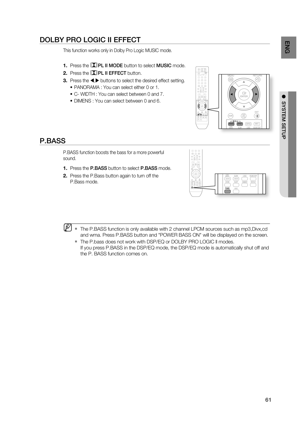 Samsung HT-TWZ415 user manual Dolby PrO LOgIC II Effect, Bass, System Setup 