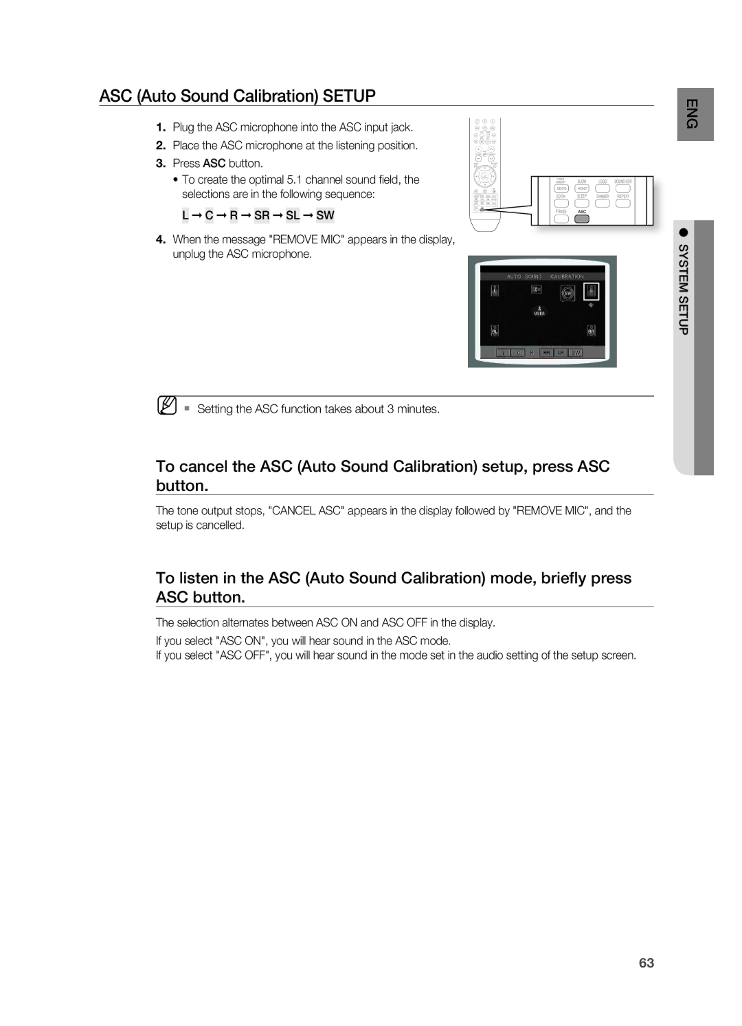 Samsung HT-TWZ415 user manual ASC Auto Sound Calibration Setup 