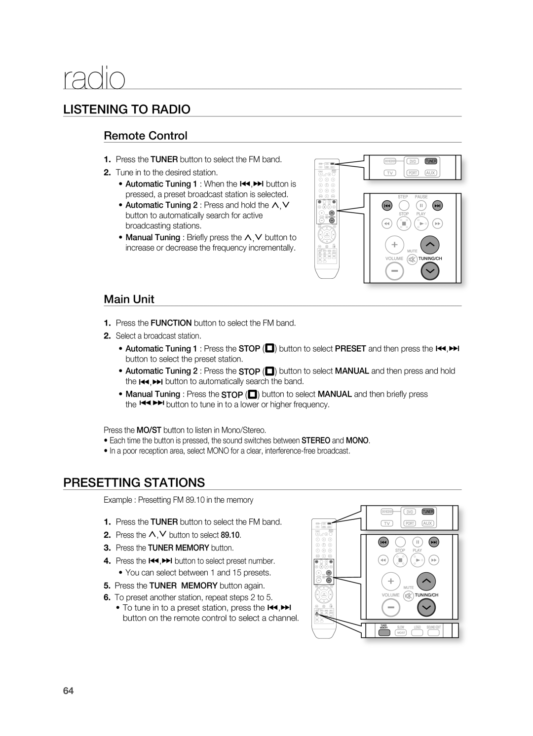 Samsung HT-TWZ415 user manual Radio, LISTENINg to rADIO, PrESETTINg Stations, Remote Control, Main Unit 