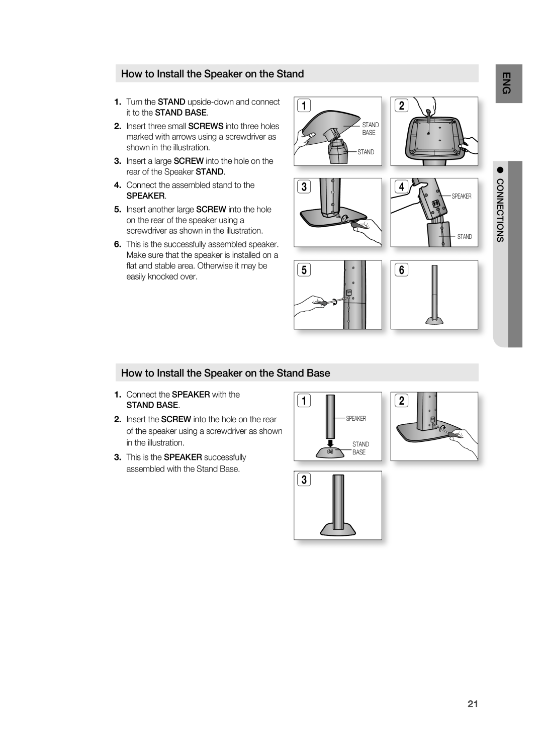 Samsung HT-TWZ415 user manual How to Install the Speaker on the Stand Base 