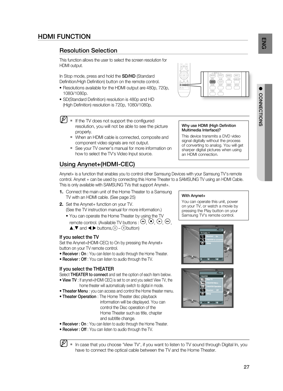 Samsung HT-TWZ415 user manual Hdmi Function, resolution Selection, Using Anynet+HDMI-CEC 