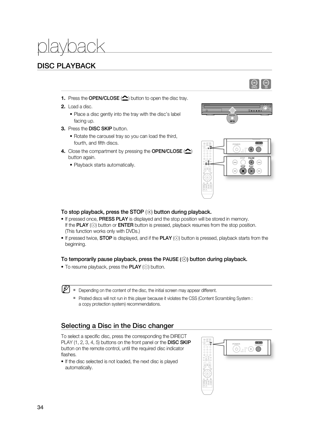 Samsung HT-TWZ415 user manual playback, Disc Playback 