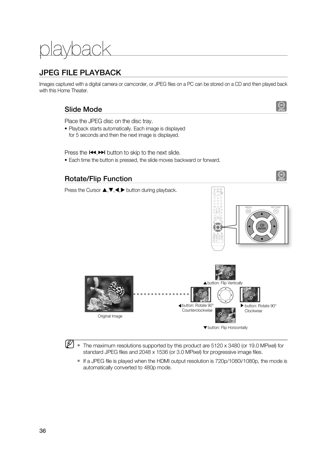 Samsung HT-TWZ415 user manual JPEg FILE PLAYBACK, playback, Slide Mode, rotate/Flip Function 