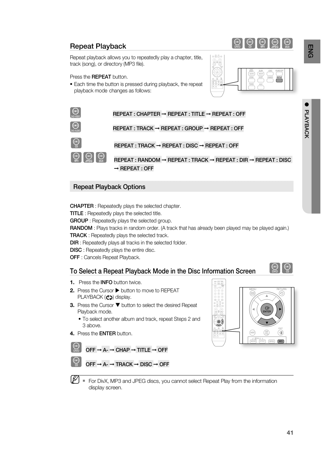 Samsung HT-TWZ415 user manual dBAGD, repeat Playback Options 