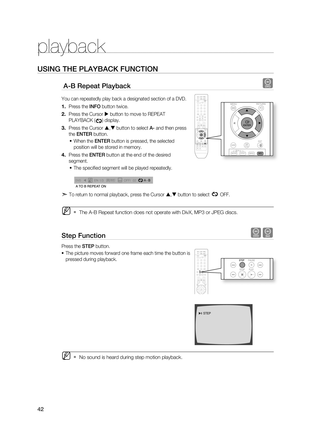 Samsung HT-TWZ415 user manual playback, USINg THE PLAYBACK FUNCTION, A-Brepeat Playback, Step Function 
