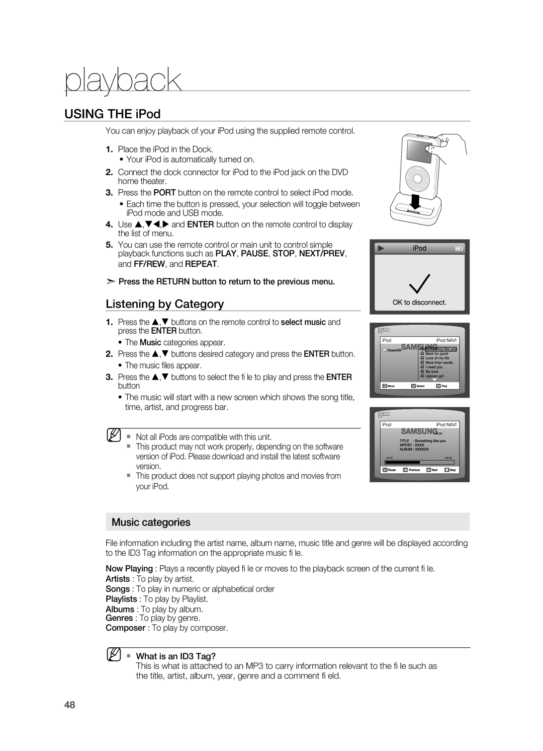 Samsung HT-TWZ415 user manual USINg THE iPod, playback, Listening by Category, Music categories 