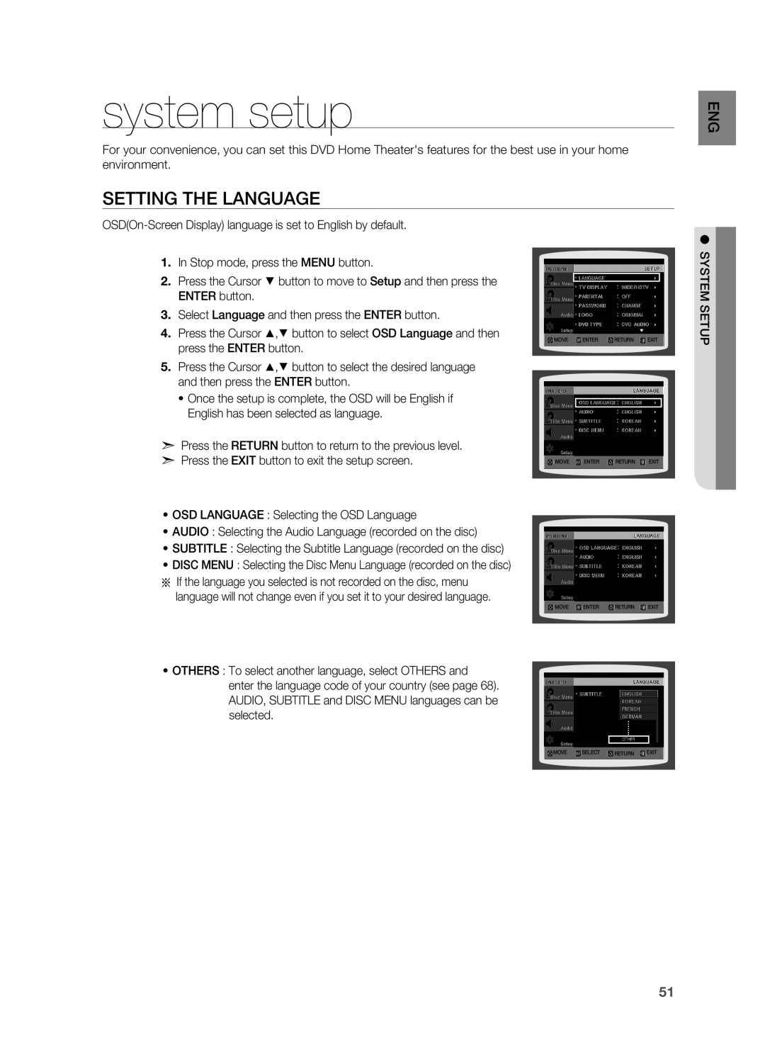 Samsung HT-TWZ415 user manual system setup, Setting the Language 