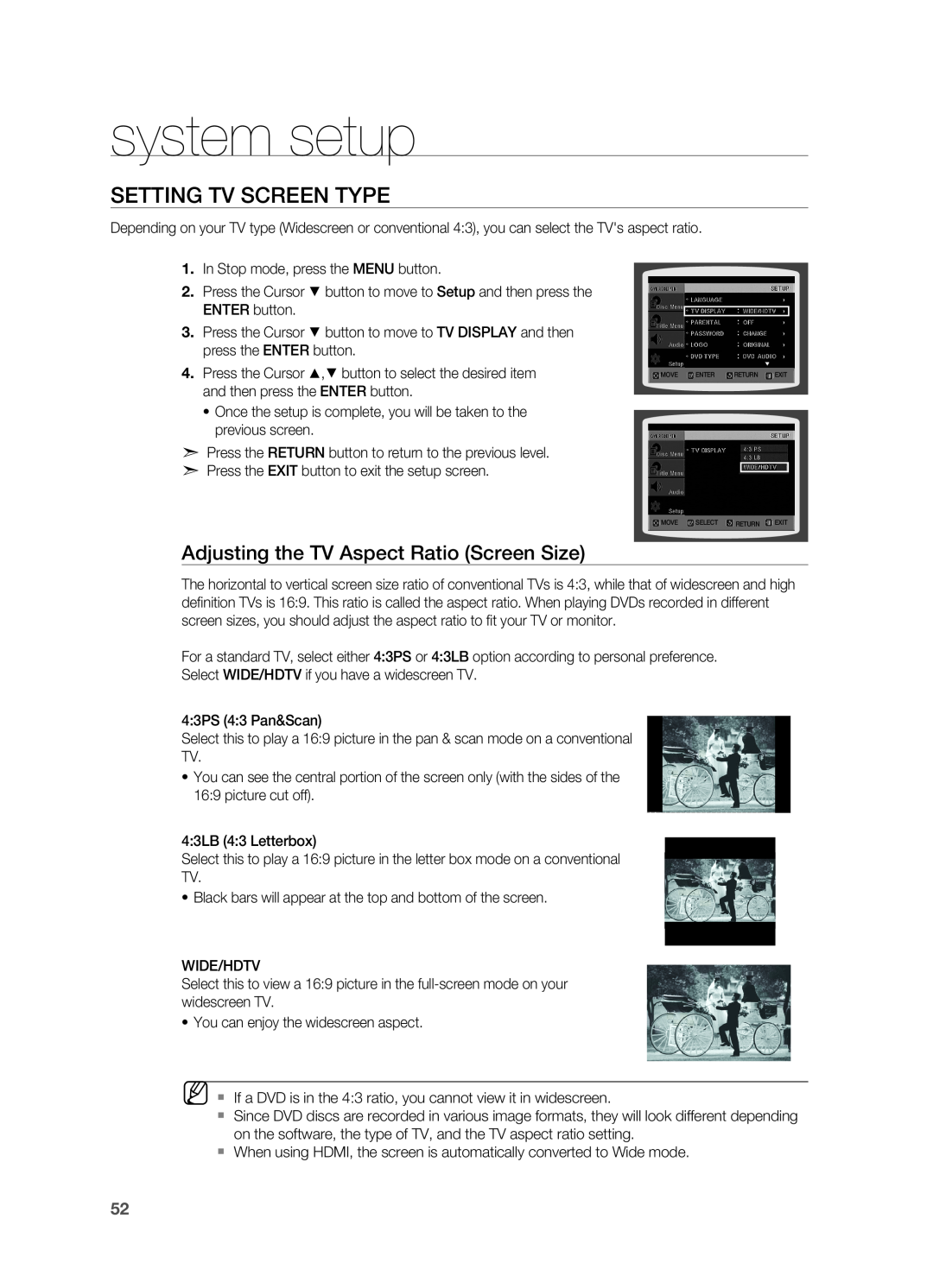 Samsung HT-TWZ415 user manual Setting TV Screen Type, system setup, Adjusting the TV Aspect Ratio Screen Size 