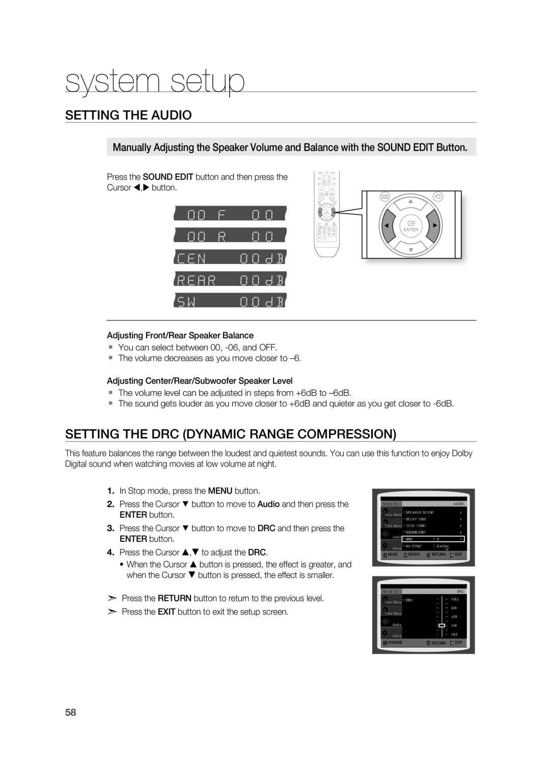 Samsung HT-TWZ415 user manual SETTINg THE AUDIO, SETTINg THE DrC DYNAMIC rANgE COMPrESSION, system setup 