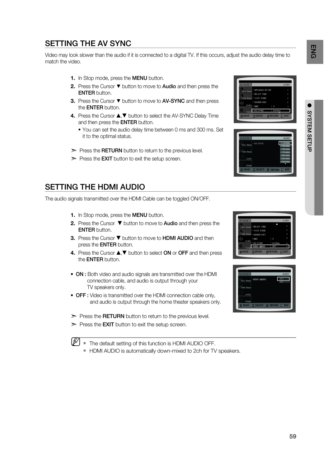Samsung HT-TWZ415 user manual Setting the AV SYNC, Setting the HDMI Audio 