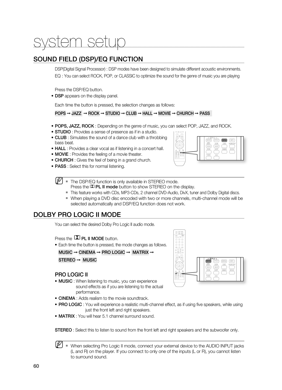 Samsung HT-TWZ415 user manual Sound Field Dsp/Eq Function, DOLBY PrO LOgIC II MODE, system setup 