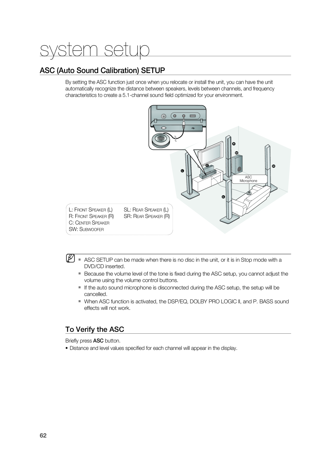 Samsung HT-TWZ415 user manual ASC Auto Sound Calibration SETUP, system setup, To Verify the ASC 