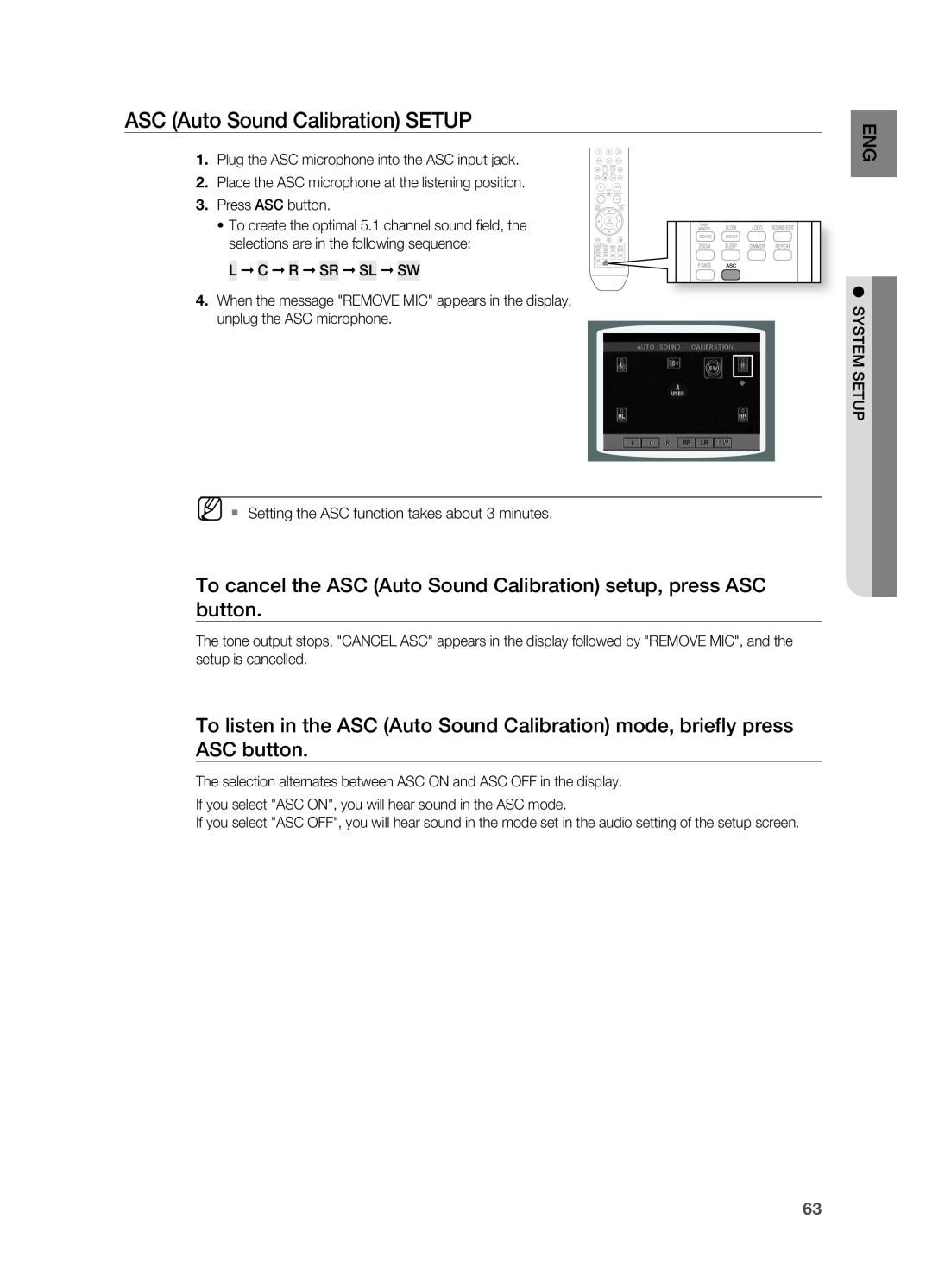 Samsung HT-TWZ415 user manual ASC Auto Sound Calibration SETUP, L C r Sr SL SW 