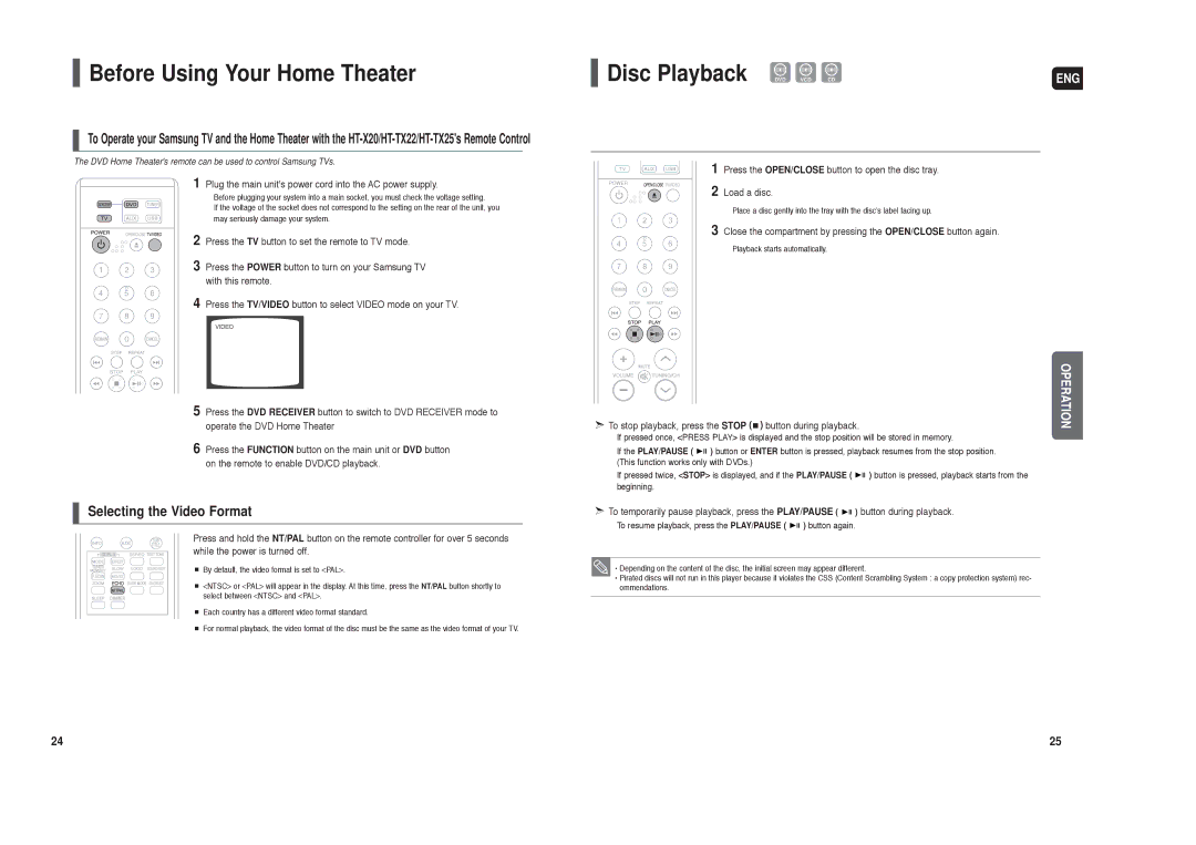 Samsung HT-TX25, HT-TX22 Before Using Your Home Theater, Disc Playback DVD VCD CD, Selecting the Video Format 