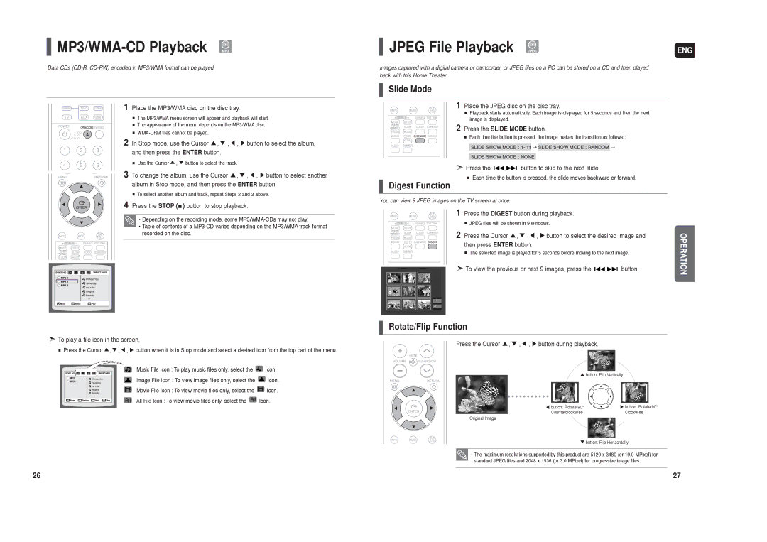 Samsung HT-TX22 MP3/WMA-CD Playback MP3, Jpeg File Playback Jpeg, Slide Mode, Digest Function, Rotate/Flip Function 