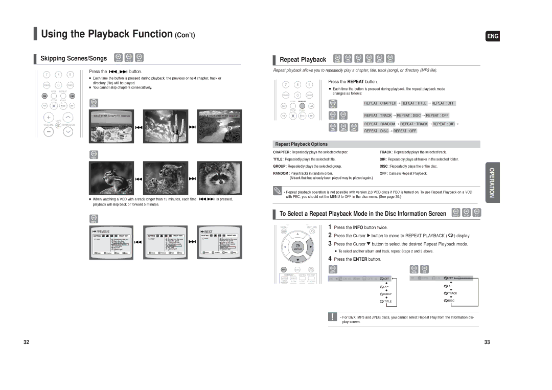 Samsung HT-TX25, HT-TX22 Using the Playback Function Con’t, Skipping Scenes/Songs DVD VCD MP3, Repeat Playback Options 