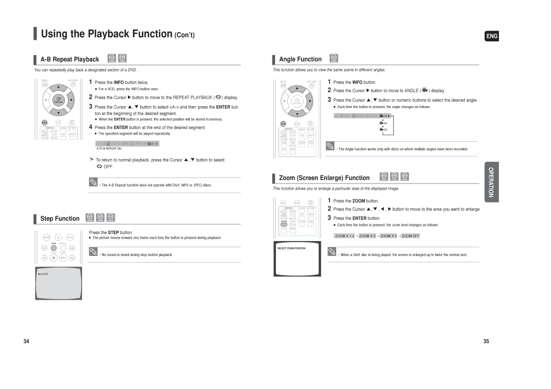 Samsung HT-TX22, HT-TX25 Repeat Playback, Step Function DVD VCD DivX, Angle Function DVD, Zoom Screen Enlarge Function 