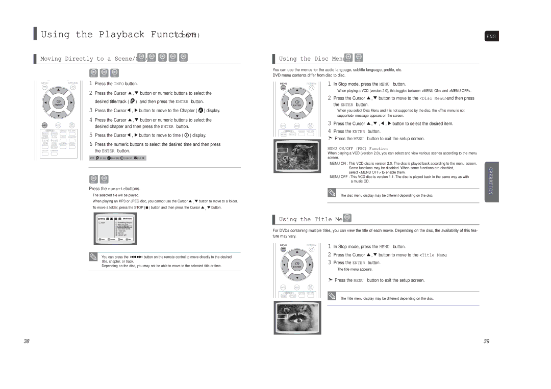 Samsung HT-TX22, HT-TX25 Moving Directly to a Scene/Song, Using the Disc Menu DVD VCD, Using the Title Menu DVD 