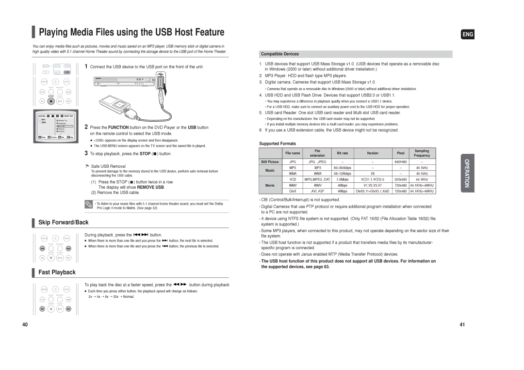 Samsung HT-TX25, HT-TX22 To stop playback, press the Stop button Safe USB Removal, During playback, press the button 