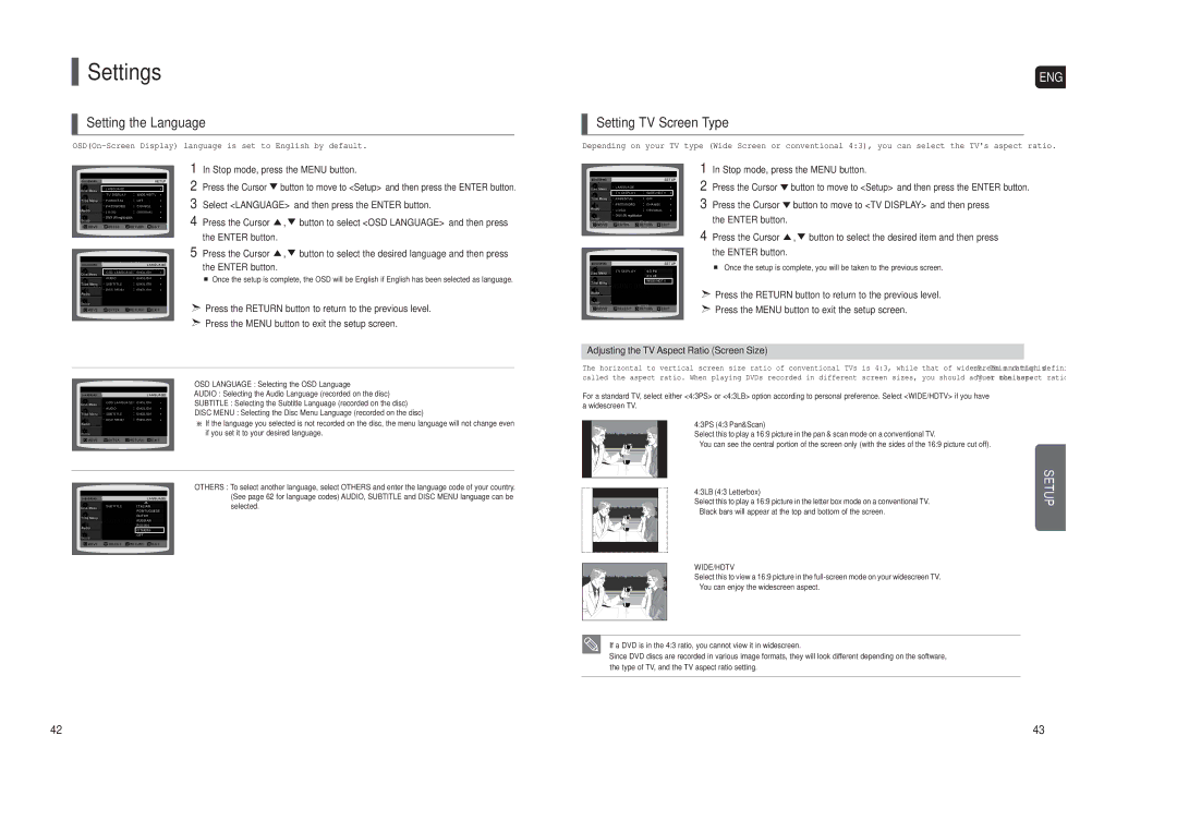 Samsung HT-TX22, HT-TX25 Settings, Setting the Language, Setting TV Screen Type, Adjusting the TV Aspect Ratio Screen Size 