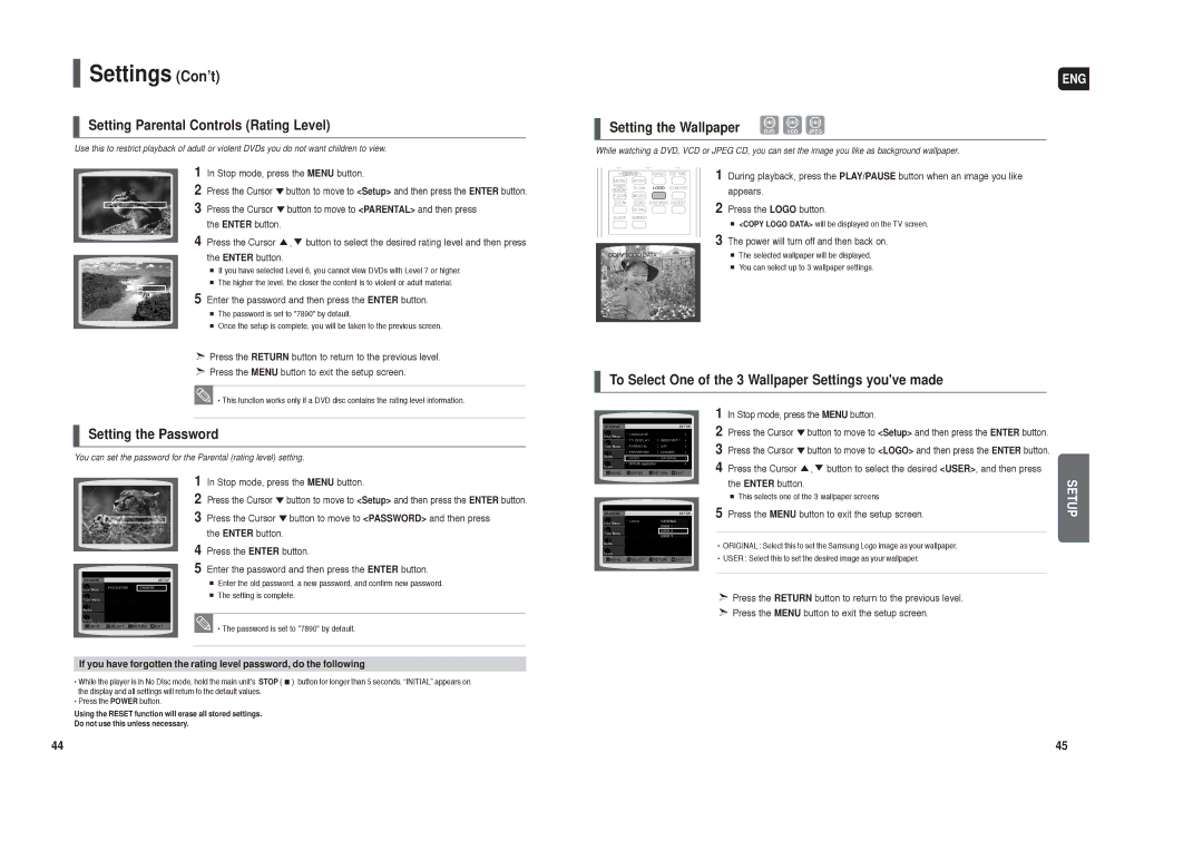 Samsung HT-TX25 Settings Con’t, Setting Parental Controls Rating Level, Setting the Password, Setting the Wallpaper 