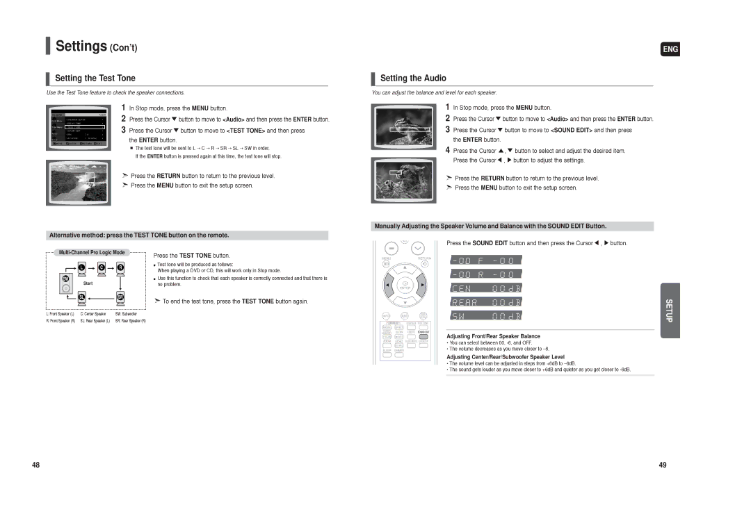 Samsung HT-TX25 Setting the Test Tone, Setting the Audio, Press the Test Tone button, Multi-Channel Pro Logic Mode 