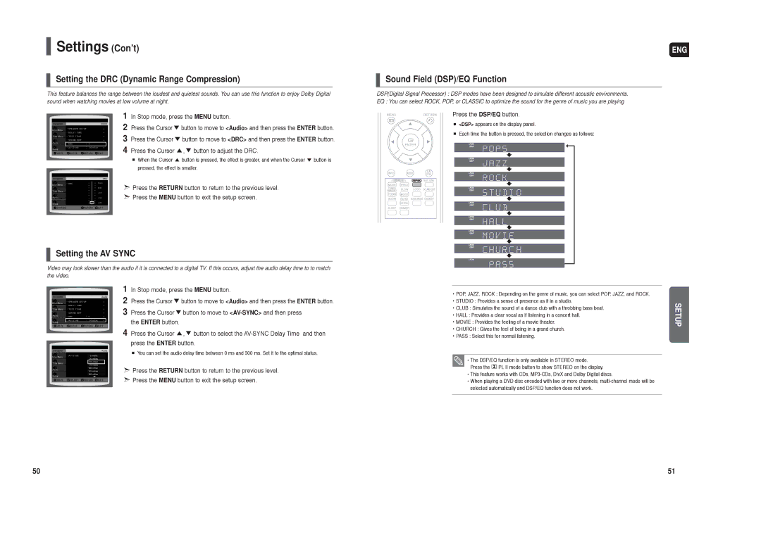 Samsung HT-TX22, HT-TX25 Setting the DRC Dynamic Range Compression, Sound Field DSP/EQ Function, Setting the AV Sync 