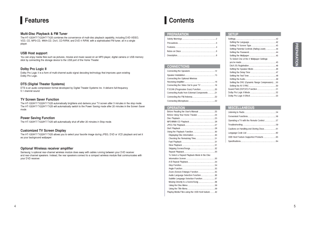 Samsung HT-TX25, HT-TX22 instruction manual Features, Contents 