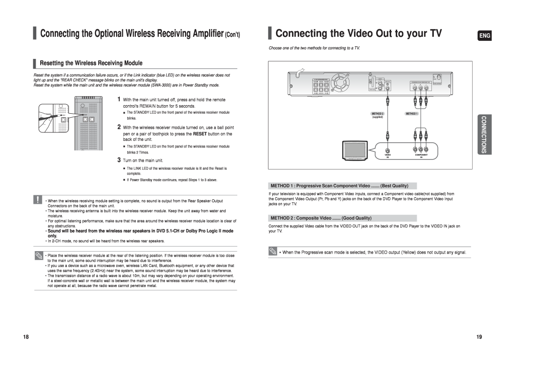 Samsung HT-TX22 Connecting the Video Out to your TV, Connections, Resetting the Wireless Receiving Module, Best Quality 