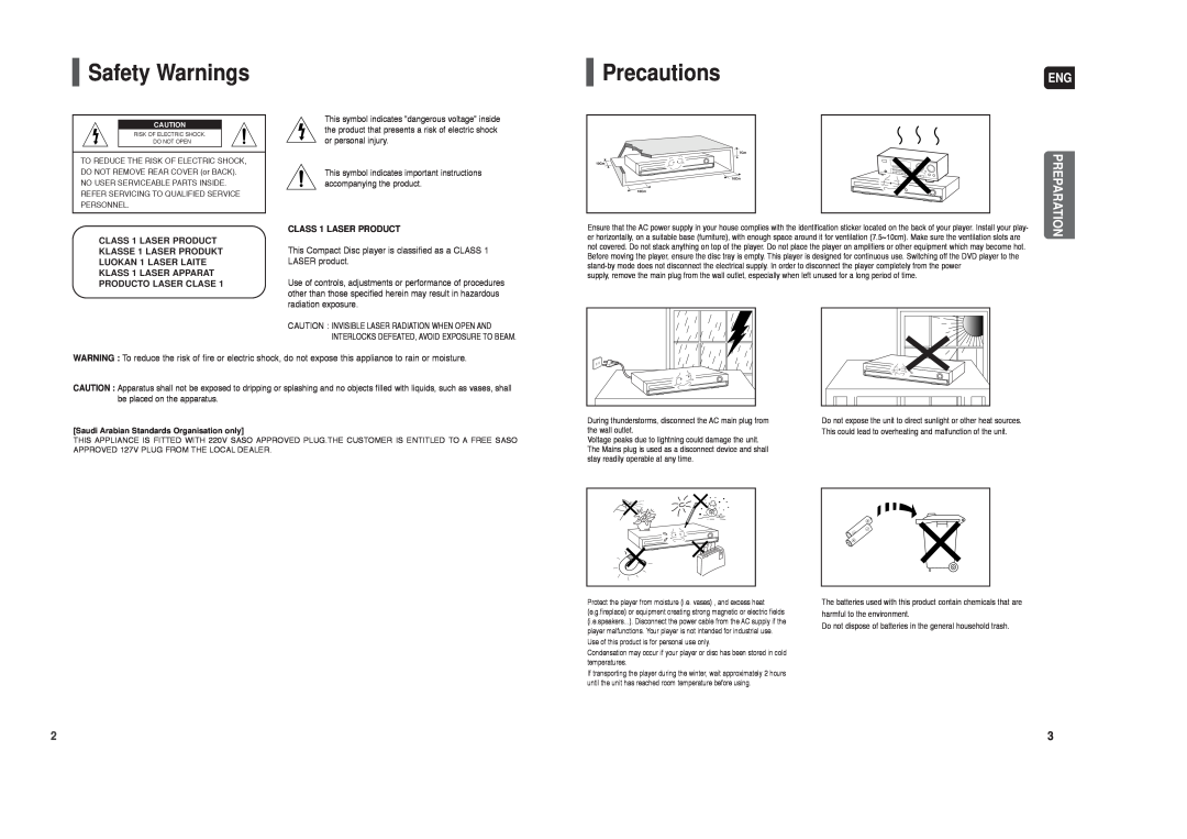 Samsung HT-TX22, HT-TX25 instruction manual Safety Warnings, Precautions, Preparation, CLASS 1 LASER PRODUCT 