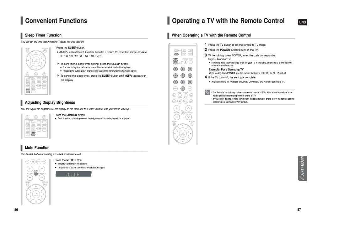 Samsung HT-TX25, HT-TX22 Convenient Functions, Operating a TV with the Remote Control, Sleep Timer Function, Mute Function 