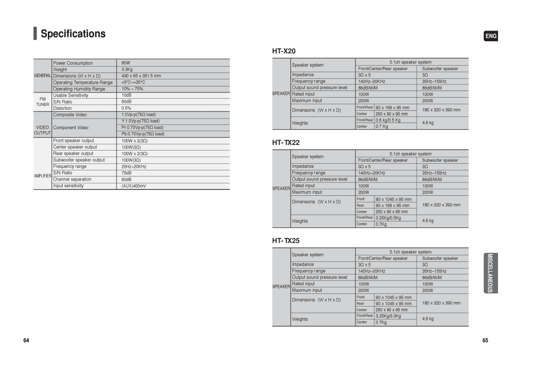 Samsung HT-TX25, HT-TX22 instruction manual Specifications, HT-X20, HT- TX22, HT- TX25, Miscellaneous 