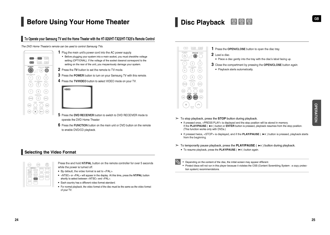 Samsung HT-X20R/NWT, HT-TX22R/NWT, HT-TX25R/NWT Before Using Your Home Theater, Disc Playback, Selecting the Video Format 