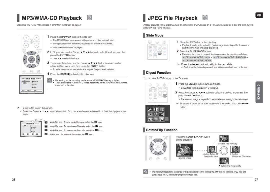 Samsung HT-TX25R/NWT manual MP3/WMA-CD Playback MP3, Jpeg File Playback, Slide Mode, Digest Function, Rotate/Flip Function 
