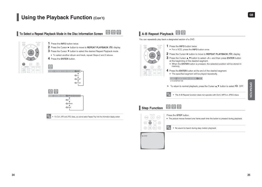 Samsung HT-TX22R/NWT manual Repeat Playback DVD VCD, Step Function, Press the Info button twice, Press the Step button 