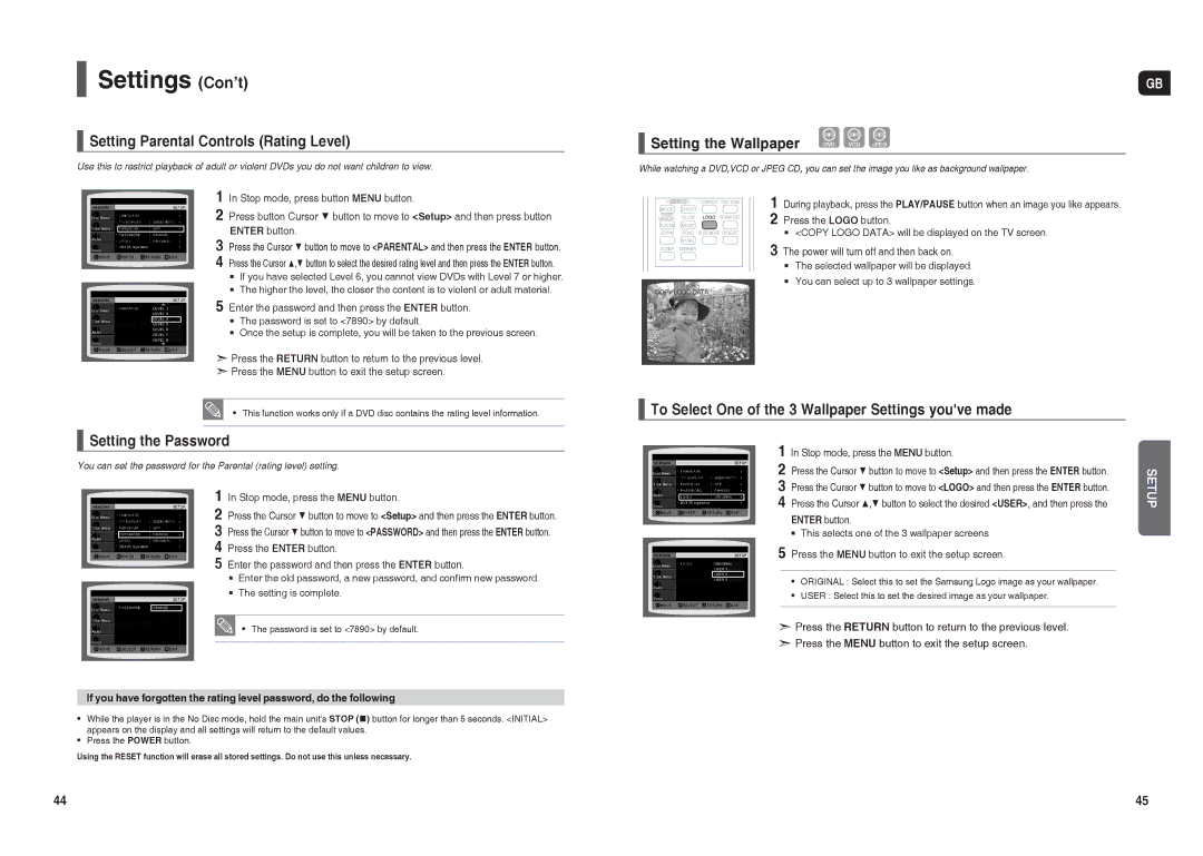 Samsung HT-TX25R/NWT, HT-TX22R/NWT manual Settings Con’t, Setting Parental Controls Rating Level, Setting the Password 