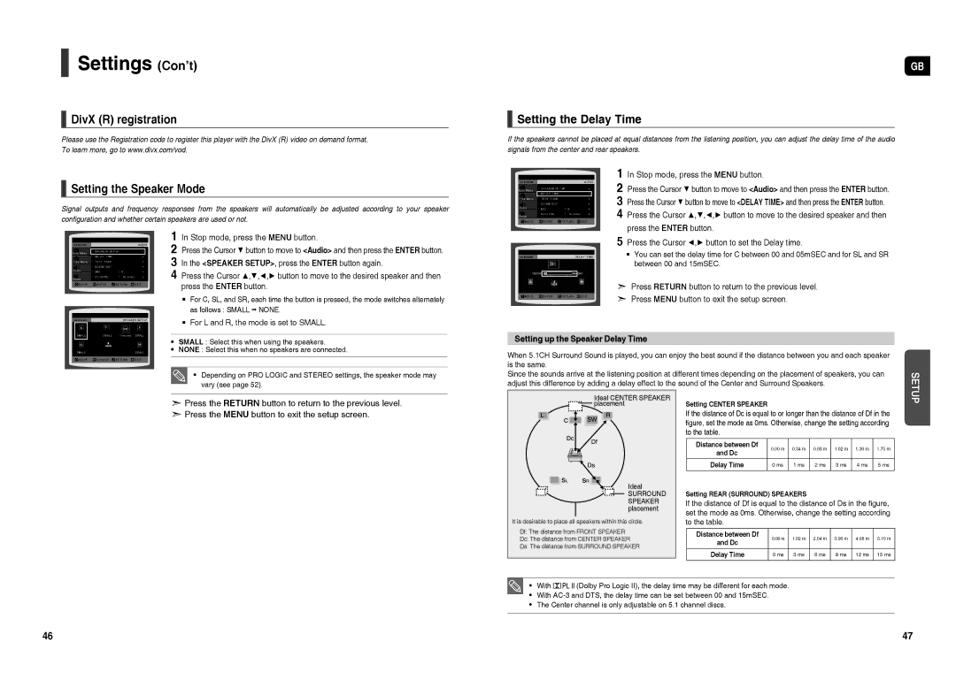 Samsung HT-TX22R/NWT manual DivX R registration Setting the Speaker Mode, Setting the Delay Time, Is the same, To the table 