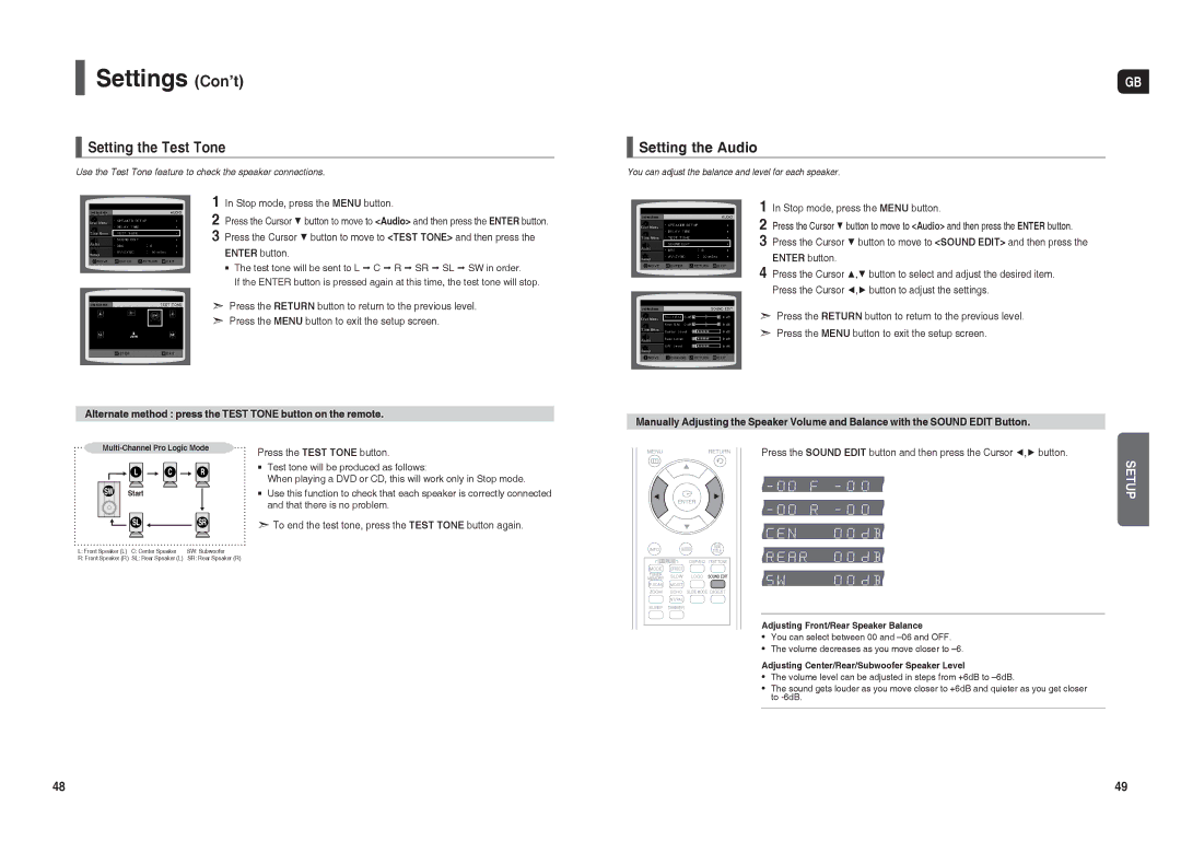 Samsung HT-X20R/NWT Setting the Test Tone, Setting the Audio, Alternate method press the Test Tone button on the remote 