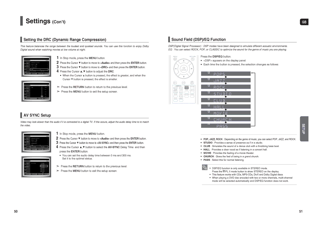 Samsung HT-TX25R/NWT, HT-TX22R/NWT Setting the DRC Dynamic Range Compression, AV Sync Setup, Sound Field DSP/EQ Function 