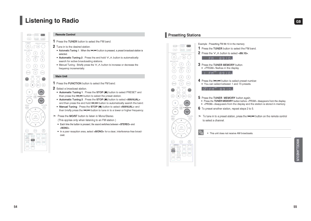 Samsung HT-X20R/NWT, HT-TX22R/NWT, HT-TX25R/NWT manual Listening to Radio, Presetting Stations, Remote Control, Main Unit 